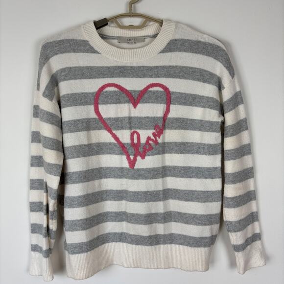 LOFT Sweater Crew neck striped drop sleeve Heart Love Graphic Medium Preppy - Picture 1 of 9